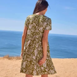 Robe col V courte imprimée, crépon