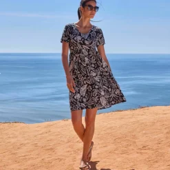 Robe col V courte imprimée, crépon