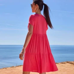 Robe col V courte unie, crépon