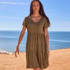 Robe col V courte unie, crépon