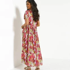 Robe col V longue imprimée, crépon