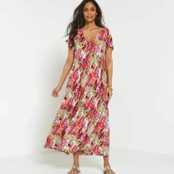 Robe col V longue imprimée, crépon