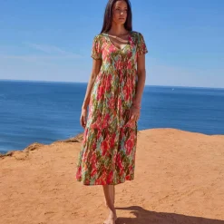 Robe col V longue imprimée, crépon