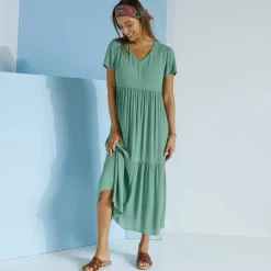 Robe col V longue unie, crépon