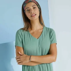Robe col V longue unie, crépon