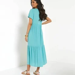 Robe col V longue unie, crépon
