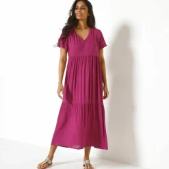 Robe col V longue unie, crépon