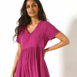 Robe col V longue unie, crépon