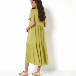 Robe col V longue unie, crépon