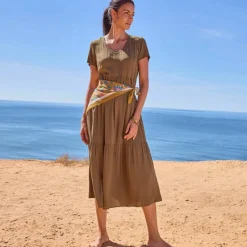 Robe col V longue unie, crépon