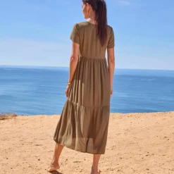 Robe col V longue unie, crépon