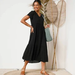 Robe col V longue unie, crépon