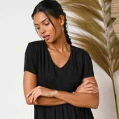 Robe col V longue unie, crépon