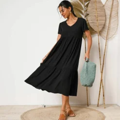 Robe col V longue unie, crépon