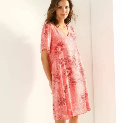 Robe col V manches courtes, voile jacquard imprimé