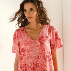 Robe col V manches courtes, voile jacquard imprimé