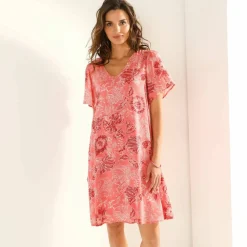 Robe col V manches courtes, voile jacquard imprimé