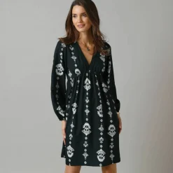 Robe courte col V, crêpe imprimé