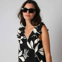 Robe courte col V imprimé feuillage, à mancherons volantés
