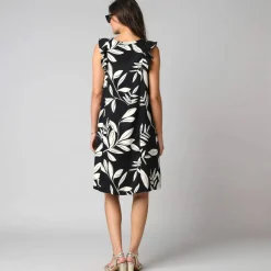 Robe courte col V imprimé feuillage, à mancherons volantés