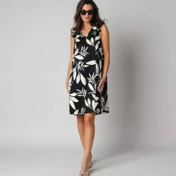 Robe courte col V imprimé feuillage, à mancherons volantés