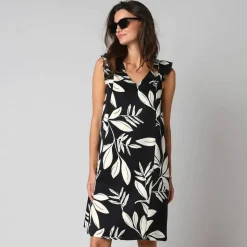 Robe courte col V imprimé feuillage, à mancherons volantés