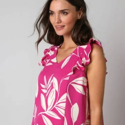 Robe courte col V imprimé feuillage, à mancherons volantés