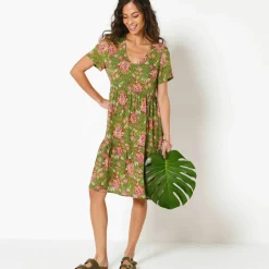 Robe courte col V imprimé fleuri, crépon