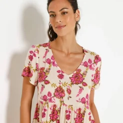 Robe courte col V imprimé fleuri, crépon