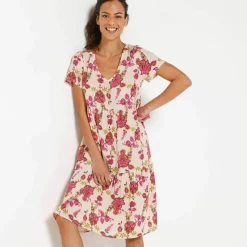 Robe courte col V imprimé fleuri, crépon