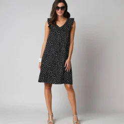 Robe courte col V imprimé pois, à mancherons volantés