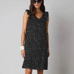 Robe courte col V imprimé pois, à mancherons volantés