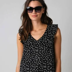 Robe courte col V imprimé pois, à mancherons volantés