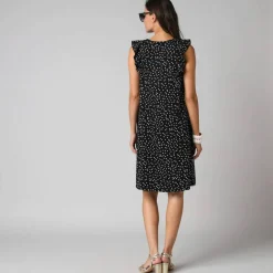 Robe courte col V imprimé pois, à mancherons volantés