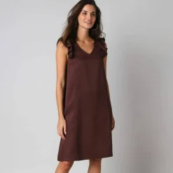 Robe courte col V unie, à mancherons volantés