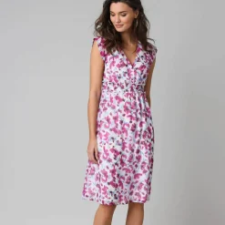 Robe courte décolleté cache-coeur, en voile imprimé