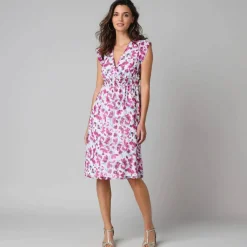 Robe courte décolleté cache-coeur, en voile imprimé