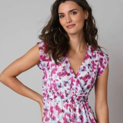 Robe courte décolleté cache-coeur, en voile imprimé