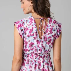 Robe courte décolleté cache-coeur, en voile imprimé
