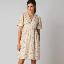 Robe courte en coton col V, imprimé bohème