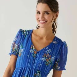 Robe courte imprimé floral, voile fils brillants