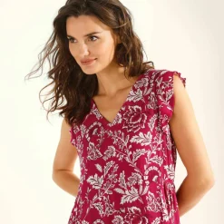 Robe courte manches volantées, crépon imprimé