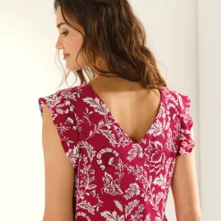 Robe courte manches volantées, crépon imprimé