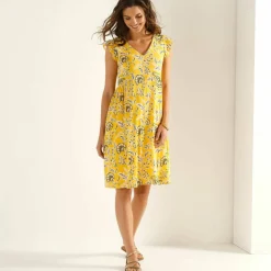Robe courte manches volantées, crépon imprimé
