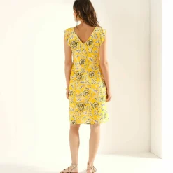 Robe courte manches volantées, crépon imprimé