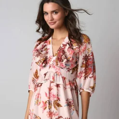 Robe courte volantée à manches 3/4 ballon, voile imprimé fleuri