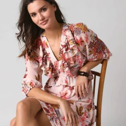 Robe courte volantée à manches 3/4 ballon, voile imprimé fleuri