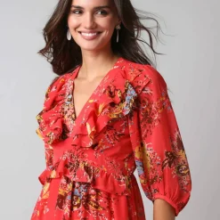 Robe courte volantée à manches 3/4 ballon, voile imprimé fleuri