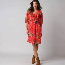 Robe courte volantée à manches 3/4 ballon, voile imprimé fleuri