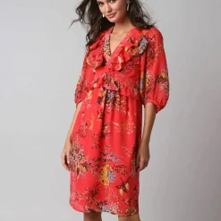Robe courte volantée à manches 3/4 ballon, voile imprimé fleuri